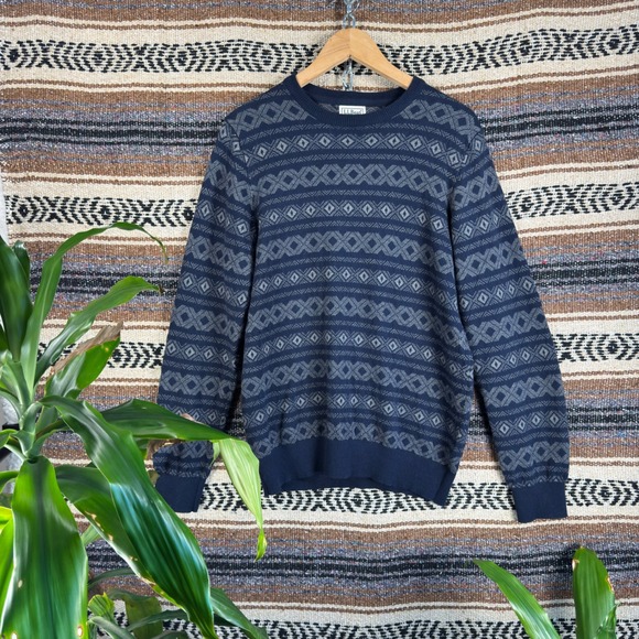 L.L. Bean Other - LL Bean Mens Navy Blue Cotton Cashmere Fair Isle Crewneck Sweater M 508915